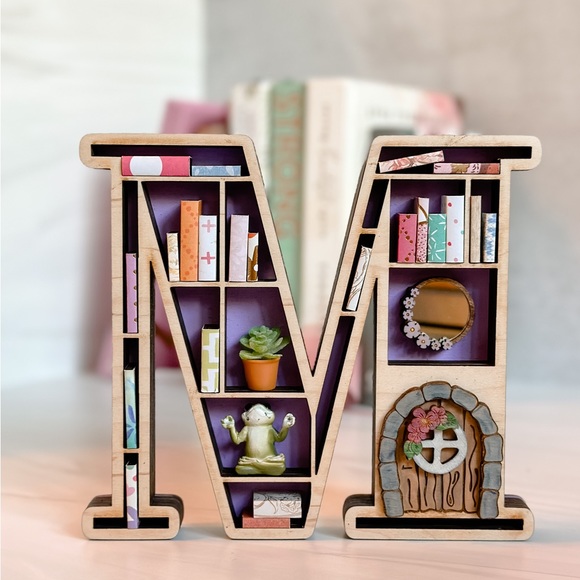 Mini Bookshelf, 3-D Wood Mini Bookshelf, Letter Bookshelf, Book Lover, Letter M - Picture 2 of 3